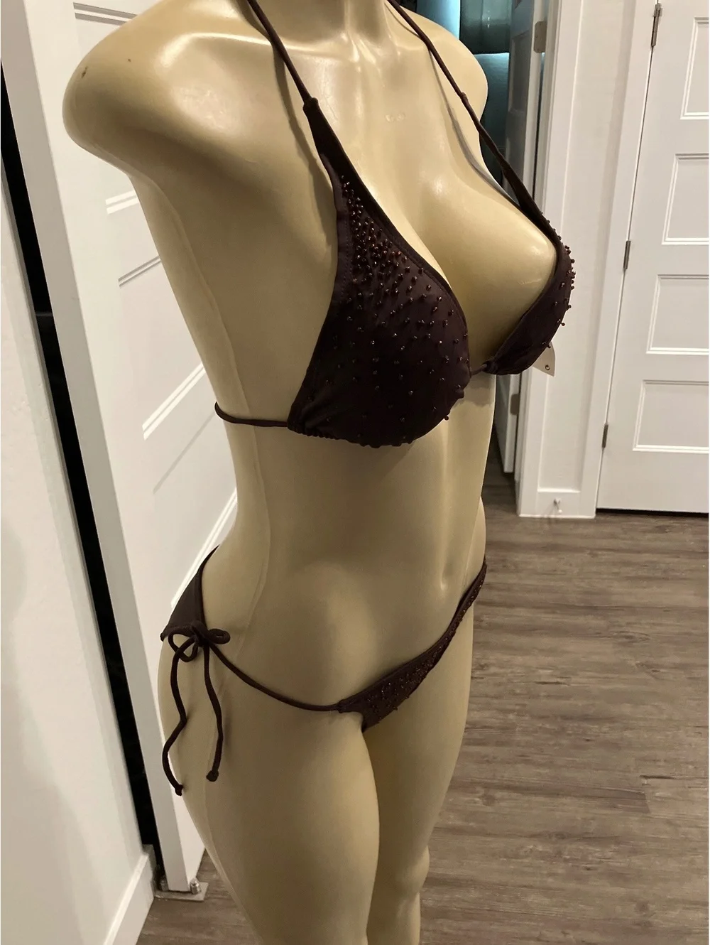 NWT H&M Brown Beaded Triangle String Bikini Set - Adjustable